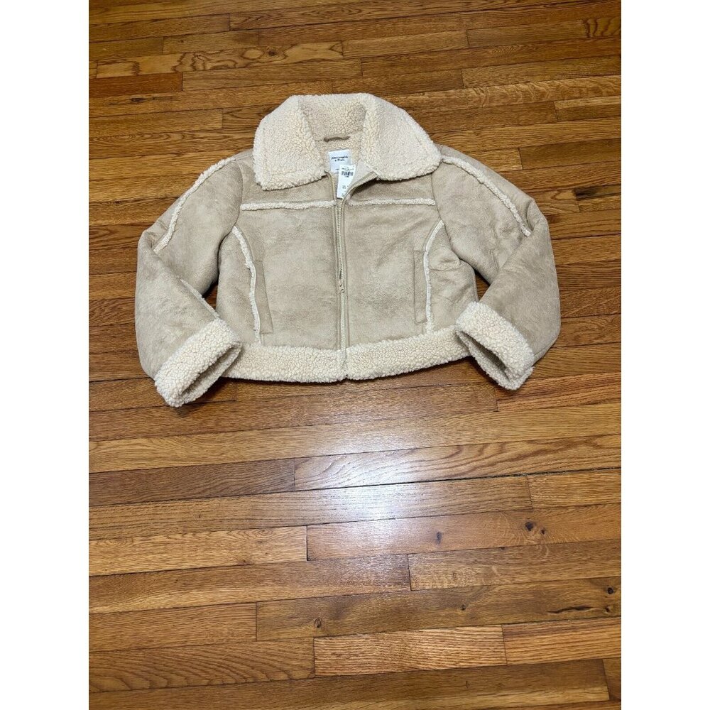 Abercrombie & Fitch Womens Vegan Suede Leather Sherpa Lined Coat Sz L Cream NWT